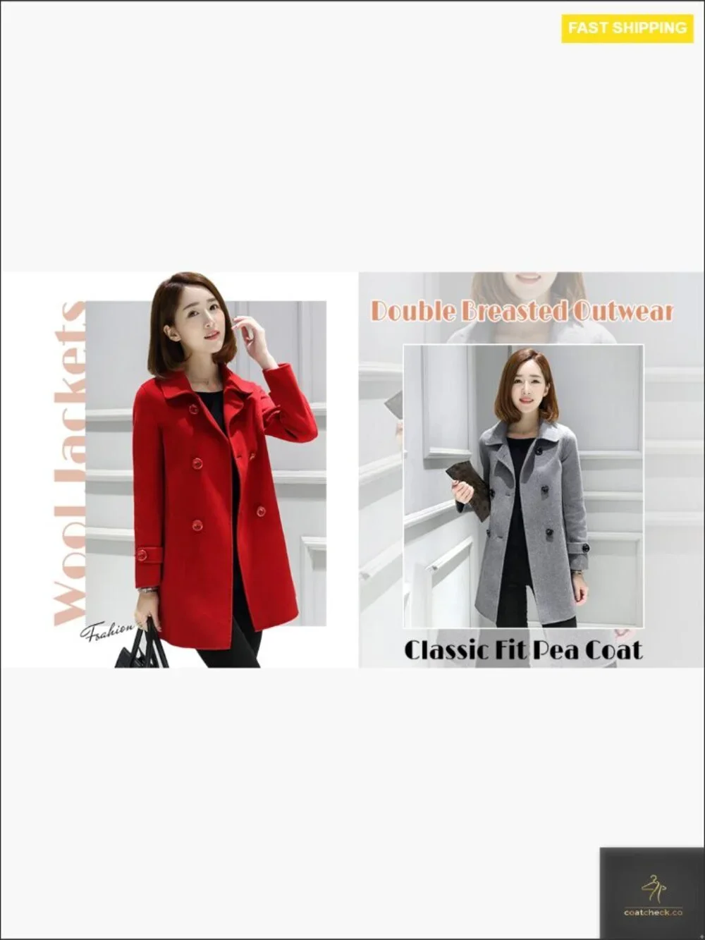 Double Breasted Pea Coat Classic Fit Wool Blend Jacket Winter Outwear